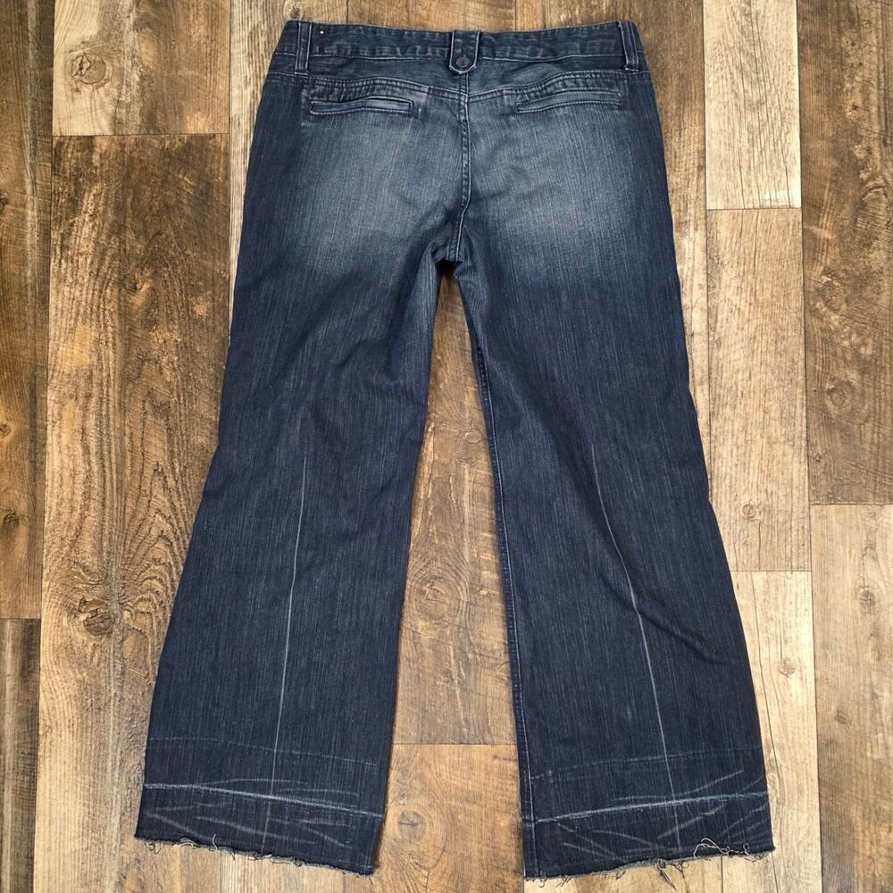 Y2K Flare Jeans Size 15/16 Low Too Mid Rise Undone Hems Whiskering Dark Wash